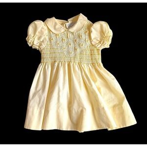 Vintage All Mine Yellow Smocked Floral Dress 2T Peter Pan Collar Puff Sleeve